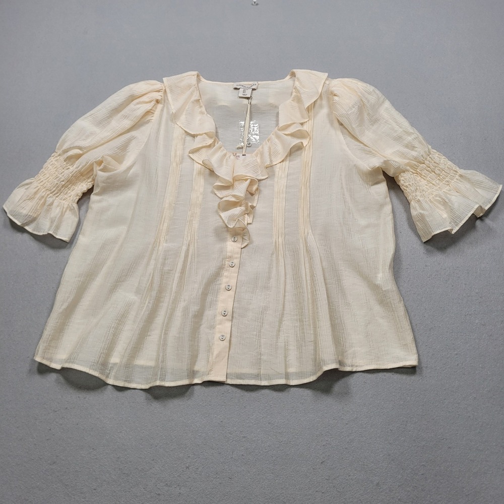 Laura Ashley Cream Ruffled V-Neck Smocked Sleeve Blouse Large NEW